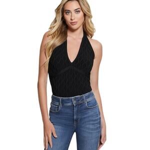 GUESS Women's Lucia Sleeveless Wavy-Knit Halter Top in Black